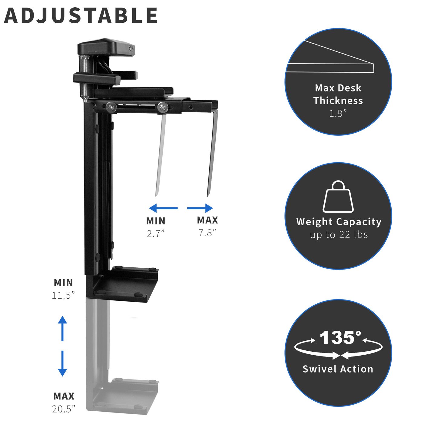 Sturdy adjustable clamp-on mount computer holder with USB ports for convenient charging and connecting to PC.