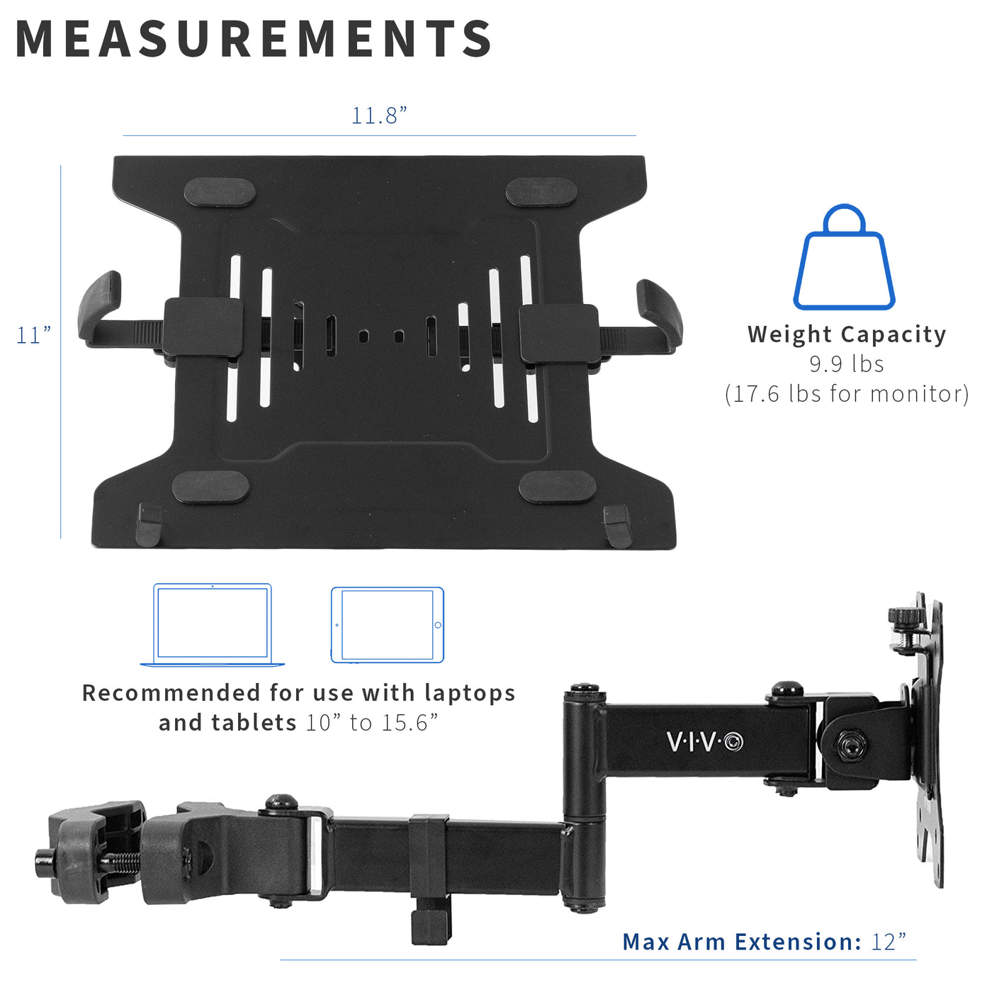 Measurements, specifications, and compatibility of adjustable pole mount laptop arm.