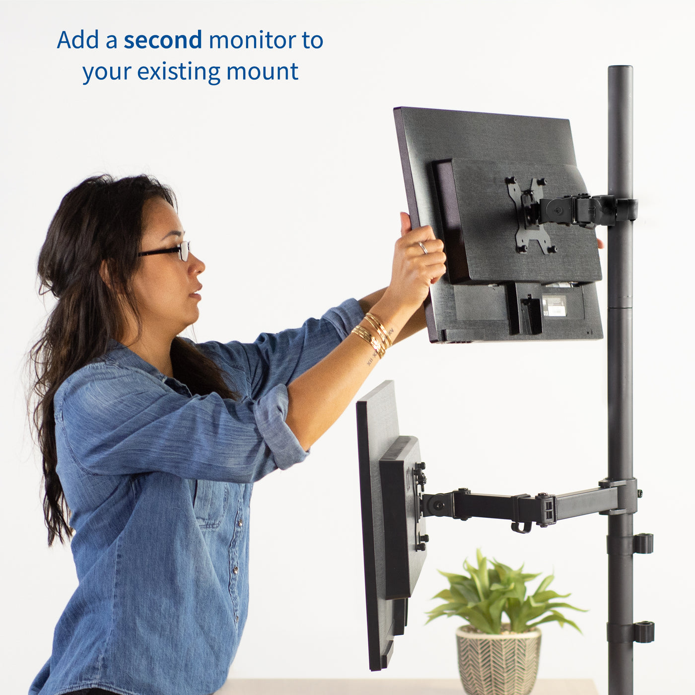 This bracket allows you to attach a second monitor to your current office space.