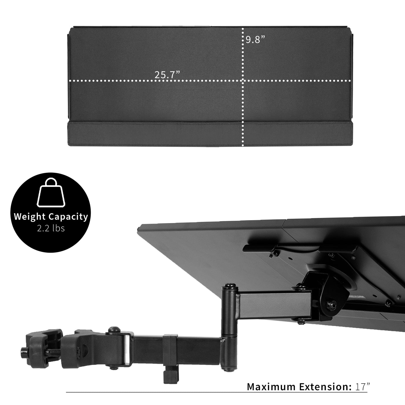  Universal mount is ideal for adding a keyboard tray to an existing monitor stand or any pole within the diameter range.