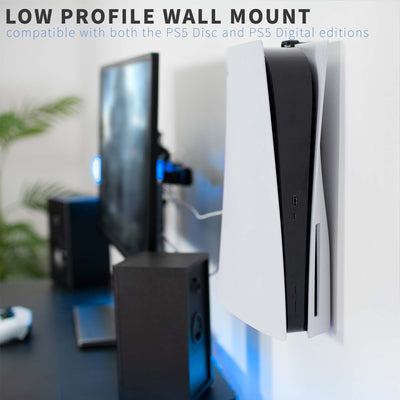 Low profile wall mount for PS5 gaming system.