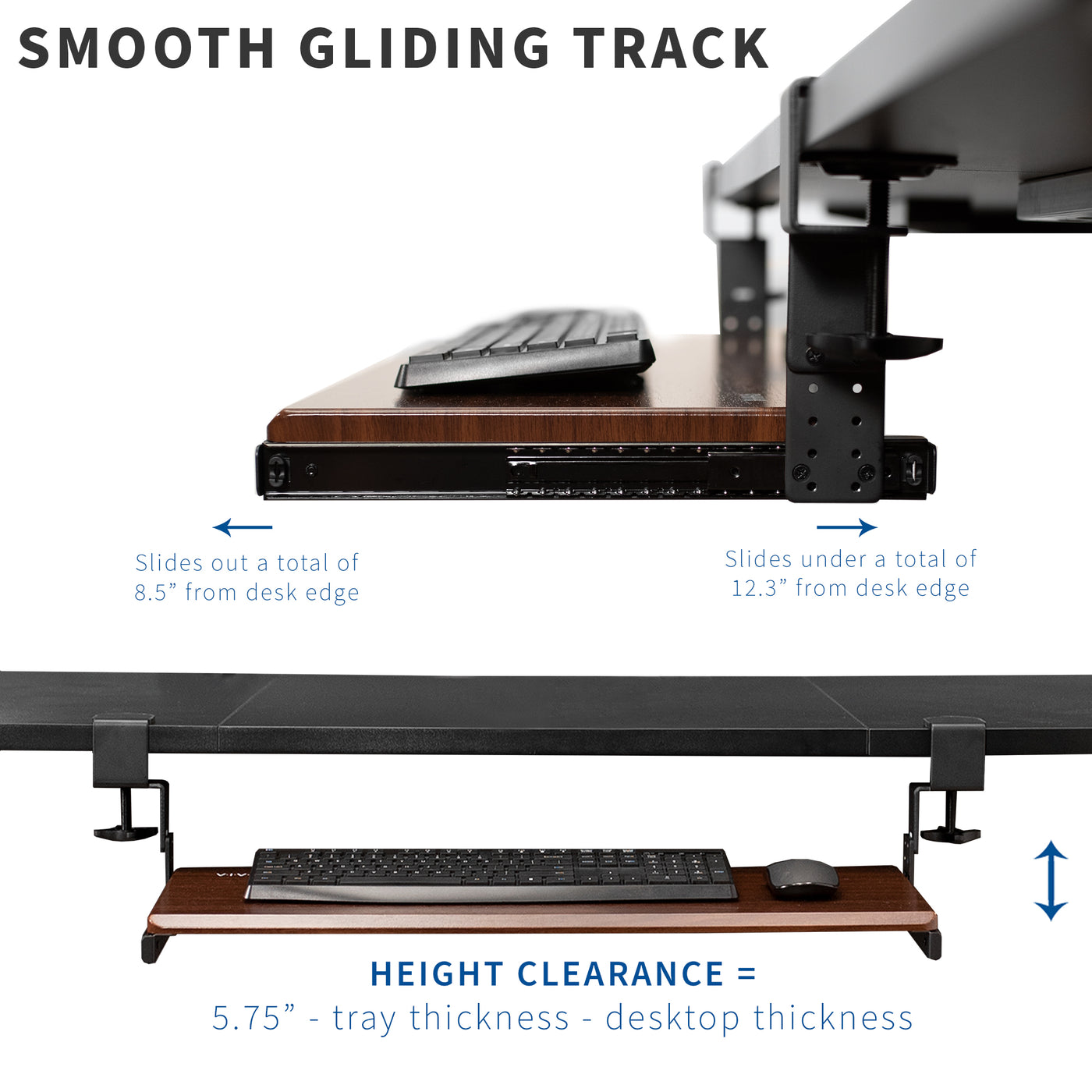 Sturdy height adjustable clamp and rail set with smooth gliding track.