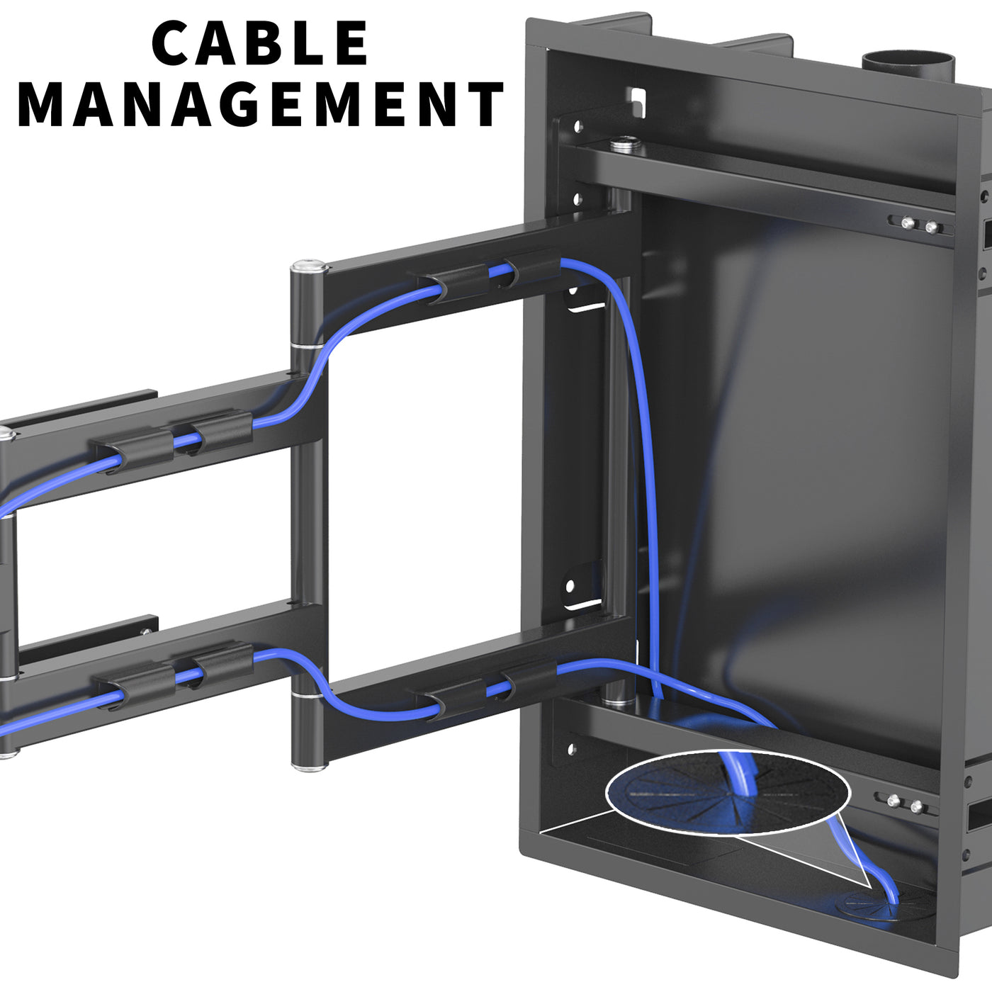 Cable management is incorporated into all three segments of the extending TV wall mount.