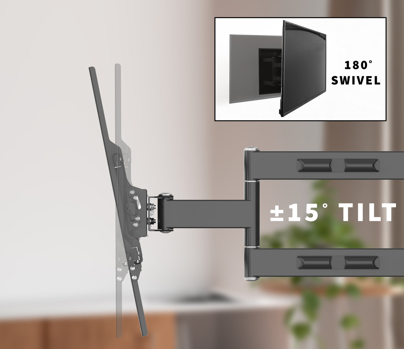 Articulating set-in TV mount with swivel and tilt.