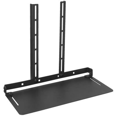 Sturdy VESA monitor shelf with solid steel mount brackets for convenient storage, a clean modern workspace display, and holding devices, accessories, controllers, routers, and speakers.