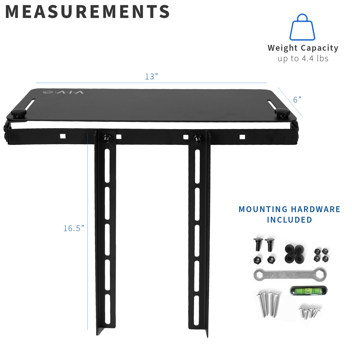 Heavy-duty VESA monitor desk shelf with solid steel mount brackets with over or under desk application and hardware included.