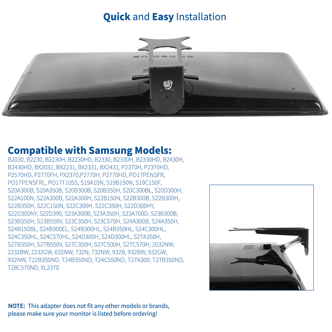 Solid Samsung monitor mount VESA adapter bracket with simple quick easy install.