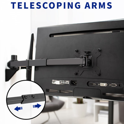 Low profile telescoping arms of the dual monitor wall mount from VIVO.