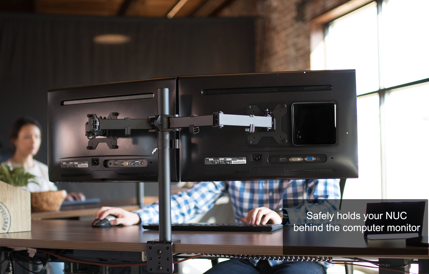 VESA extension plate behind a mounted monitor will store NUC behind your monitor.