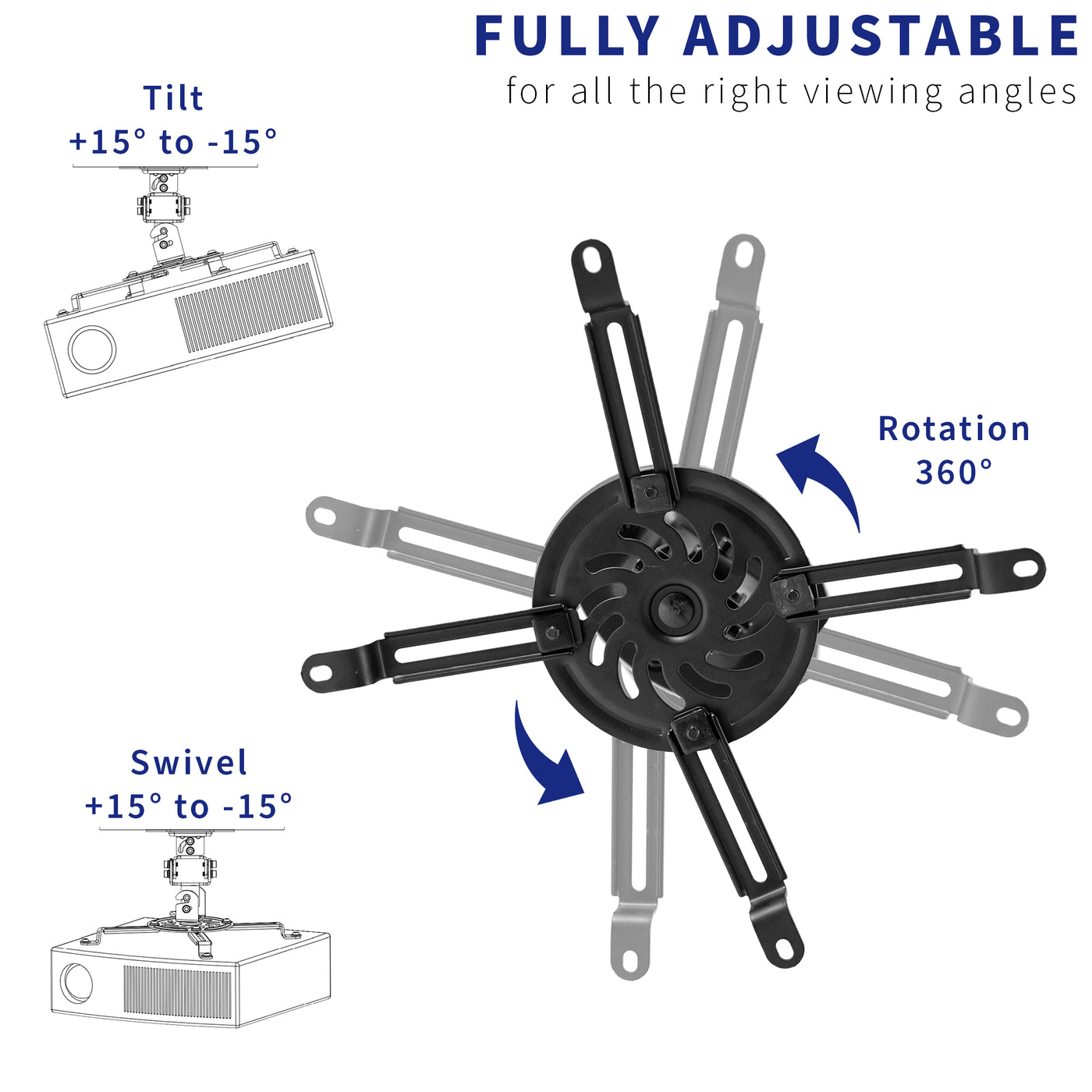 Fully adjustable ceiling mount for projectors.