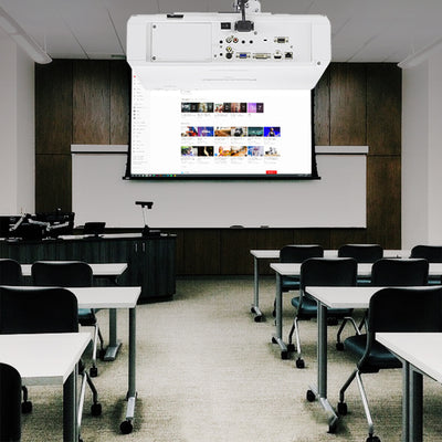 Classroom presentation projector set up for lecturing or presenting in a class environment.
