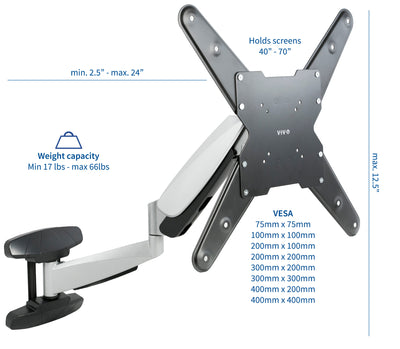 Length and size dimensions of TV mount with 4x tested hefty weight capacity.