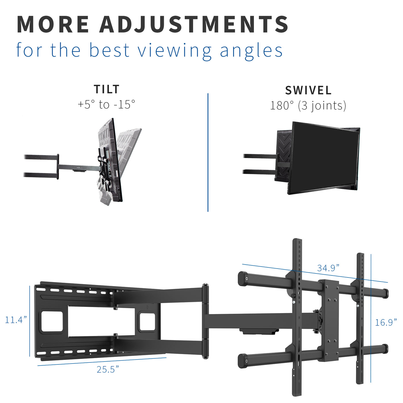 Adjustment types of Large TV wall mounts include tilt, swivel, and extension from the main frame.