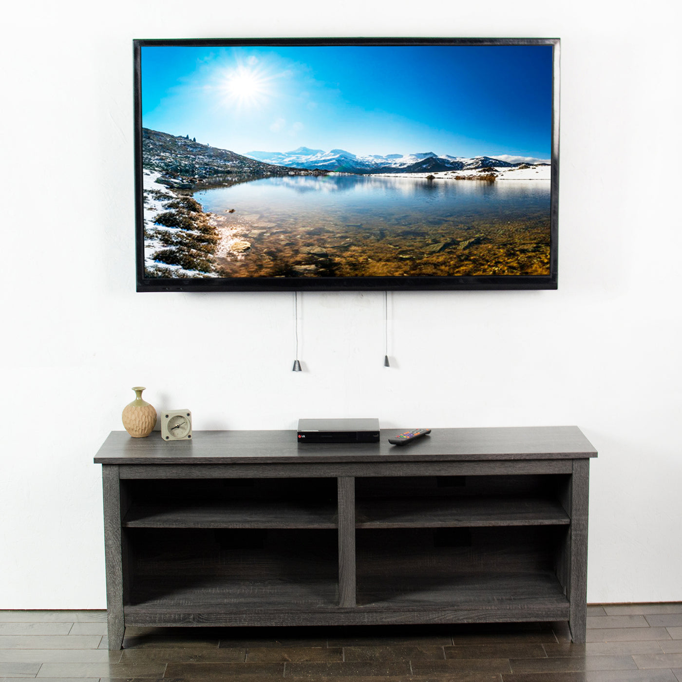 Extra large TV mount securely supporting a larger screen in a living space.