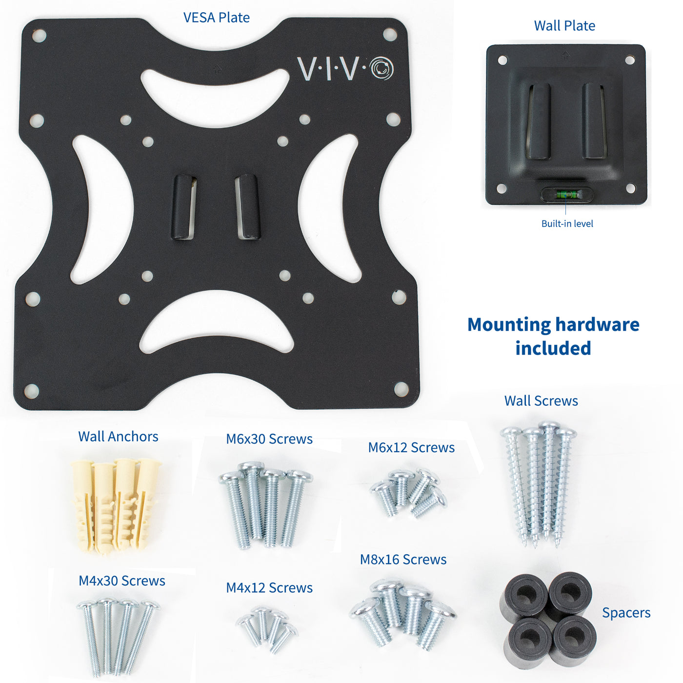 Wall mount TV VESA plate with all required hardware included.