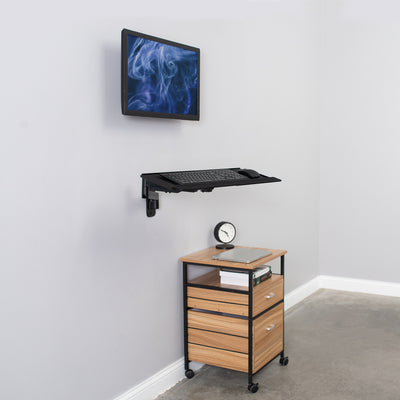 Multi-tier shelf on wheels below and wall-mounted workstation keyboard and monitor mounted above.