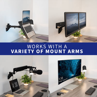 Versatile conversion bracket supporting a laptop tray, microphone, dual monitor mount, or large curved screen depending on the need.