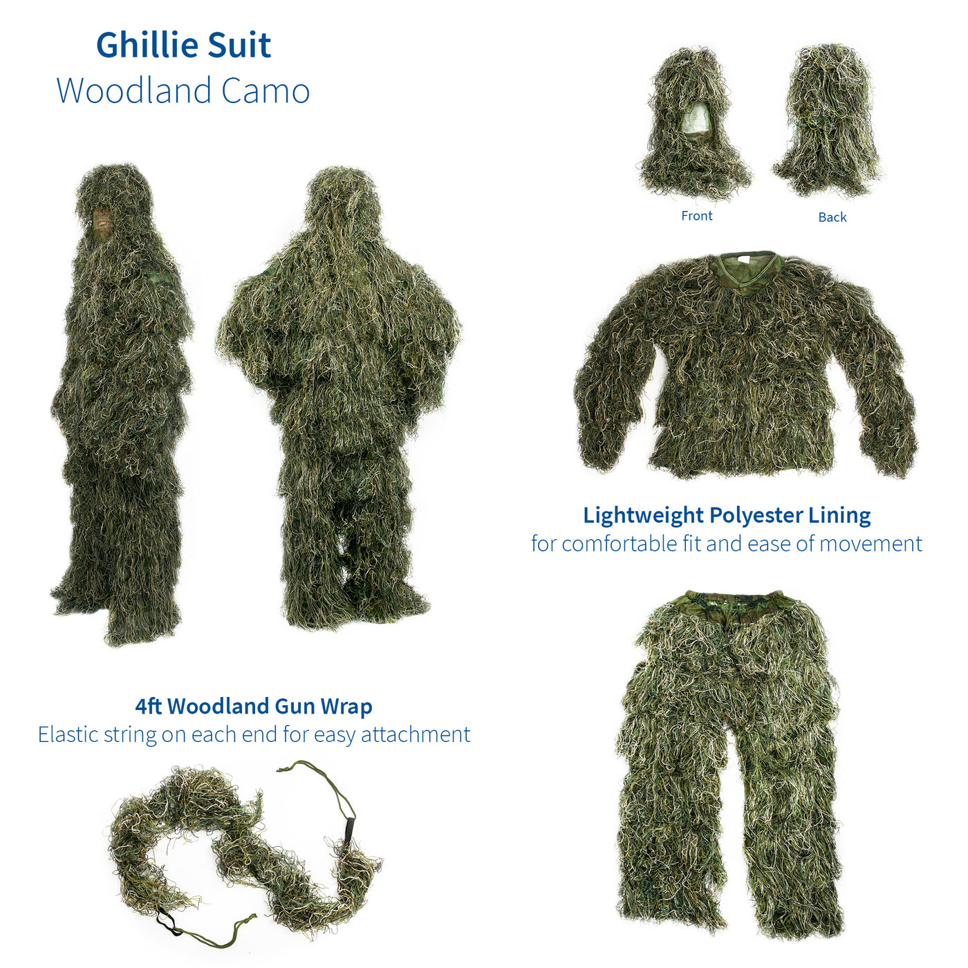 Ghillie suit with a variety of pieces for full coverage.
