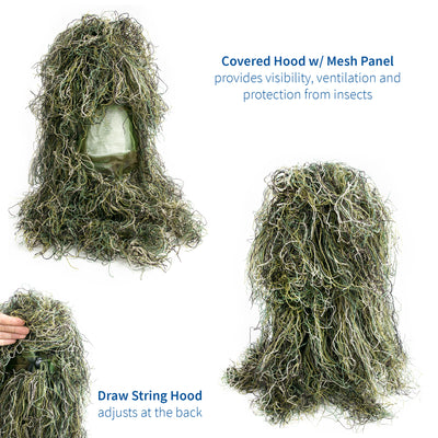 Covered ghillie suit hood with mesh panel.