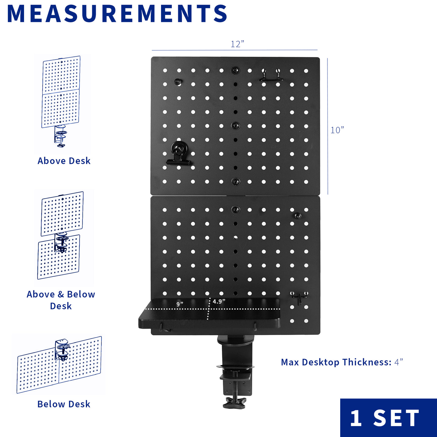 Measurements of above or below desk clamp-on panel accessory.