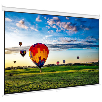 Manual projector screen with hot air balloon background.