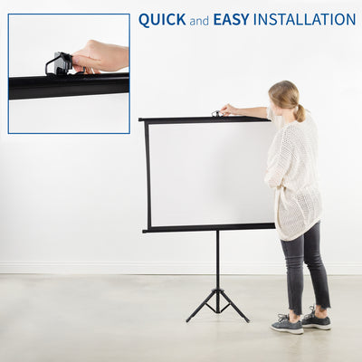 A girl setting up an easy installation tripod projector screen.