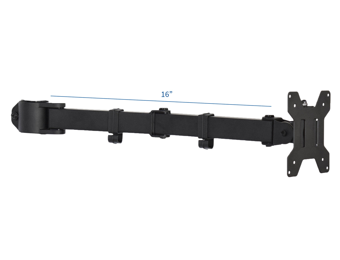 Sixteen-inch long monitor mount arm with a detachable VESA plate bracket.