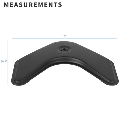 Black free-standing mount base and dimensions of it.