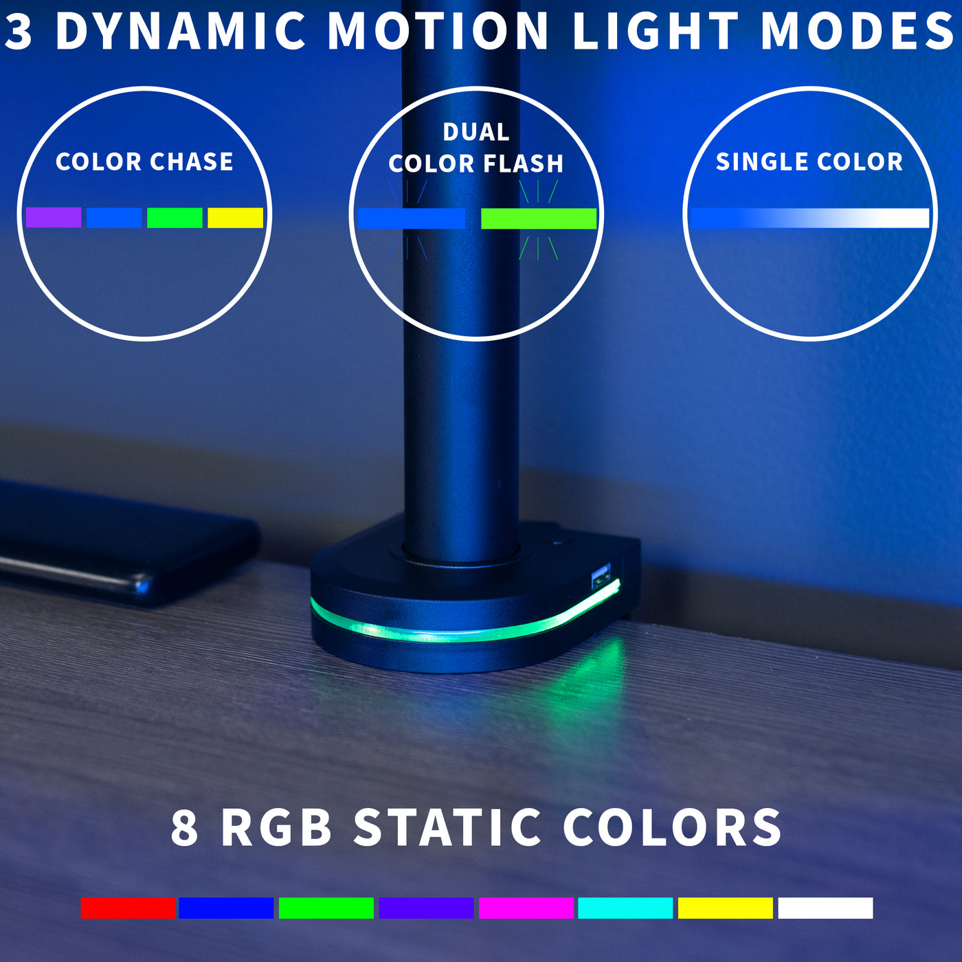 RGB monitor base with three lighting settings.