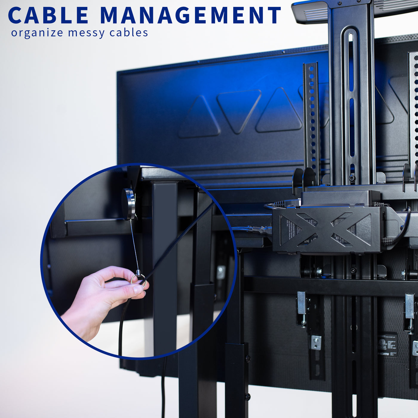 TV cart with built-in cable management to help keep organized.