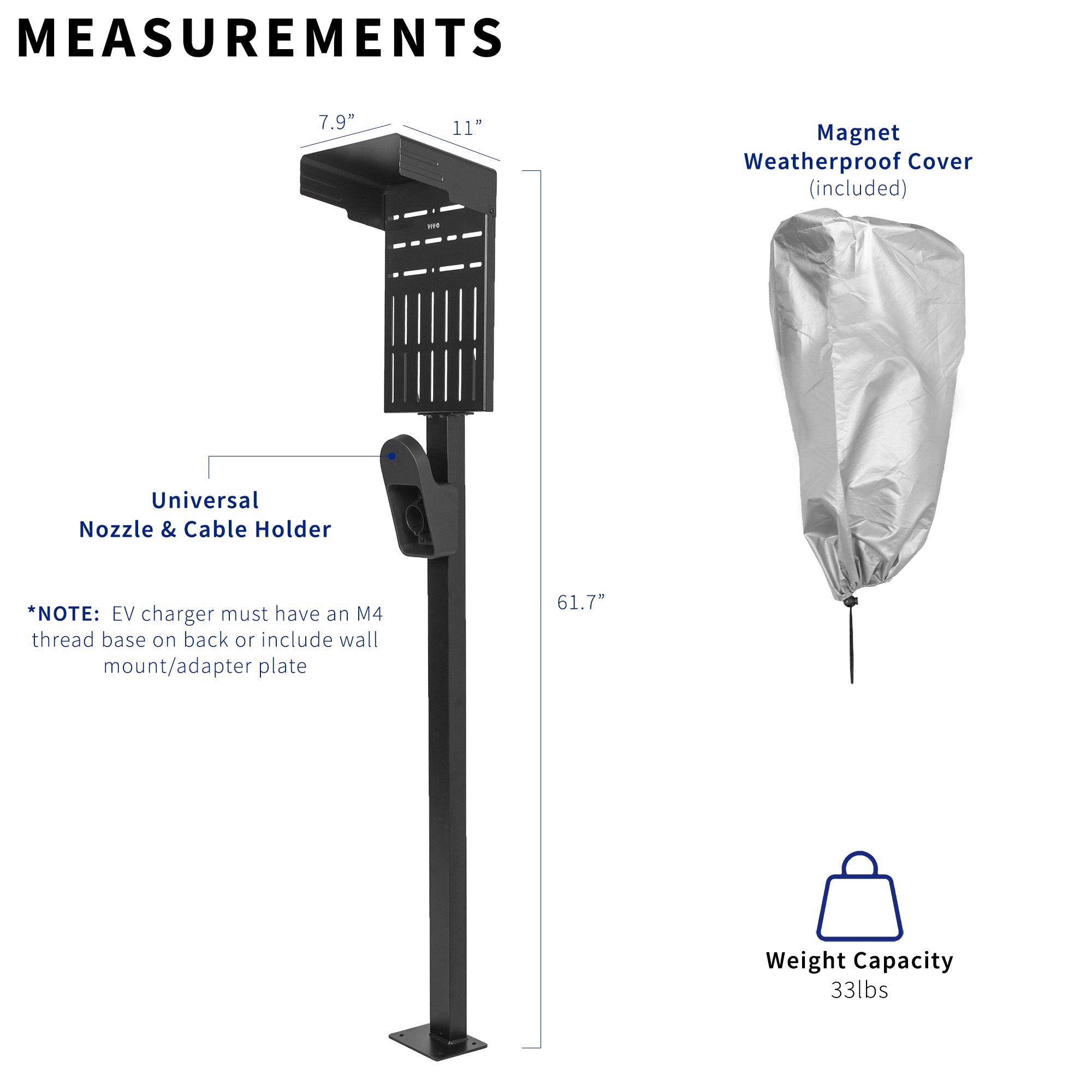 The charging station includes a magnetic weatherproof cover for safe charging.