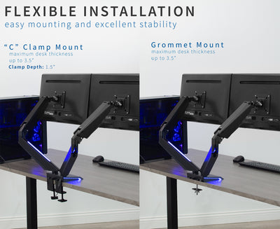 Dual Gaming Pneumatic Monitor Arms - Flexible Installation