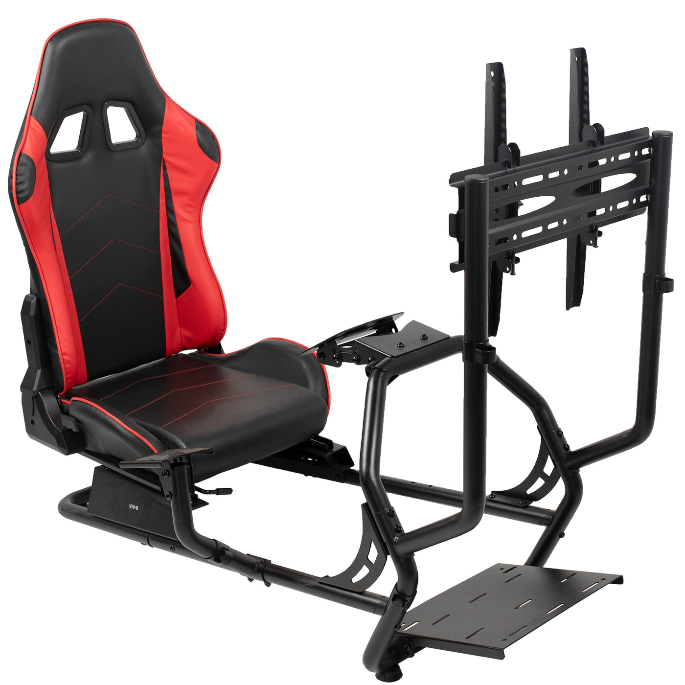 Racing gaming setup with red and black racing chair TV mount combination.