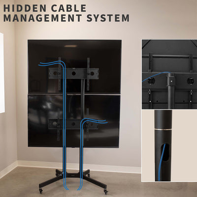 Sturdy mobile adjustable dual monitor screen cart with hidden cable management.