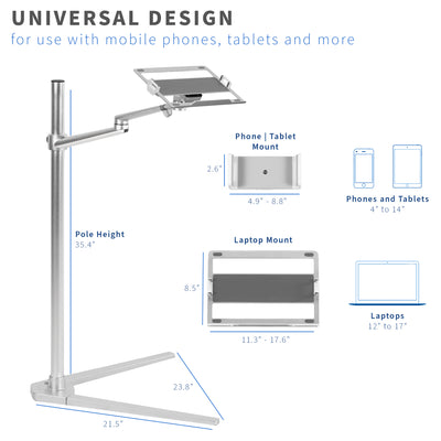 Universal design of a floor laptop stand compatible with laptops, phones, and tablets.