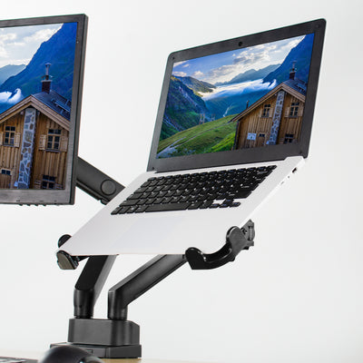 Heavy-duty VESA compatible laptop holder for elevation and better viewing angles.