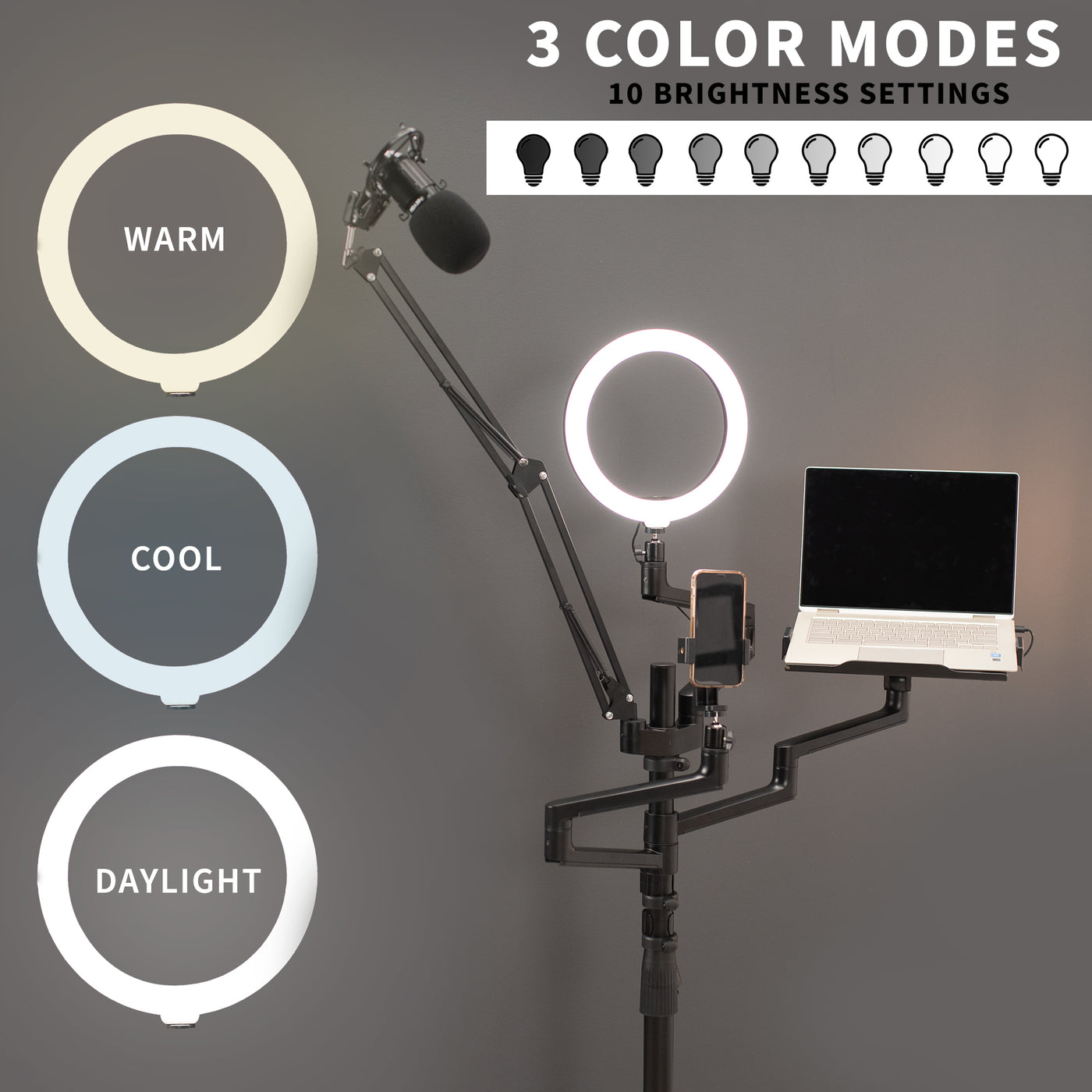 Led ring light has three lighting settings including warm, cool, and daylight, with ten brightness settings.