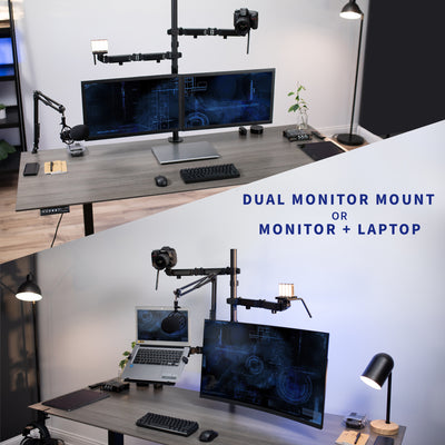 Dual monitor mount or monitor laptop setup options to best fit your office setup wants and needs.