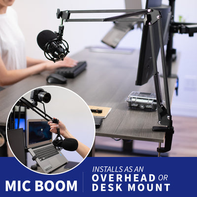 Install the mic boom overhead or clamp on the mount to the side of the desk.