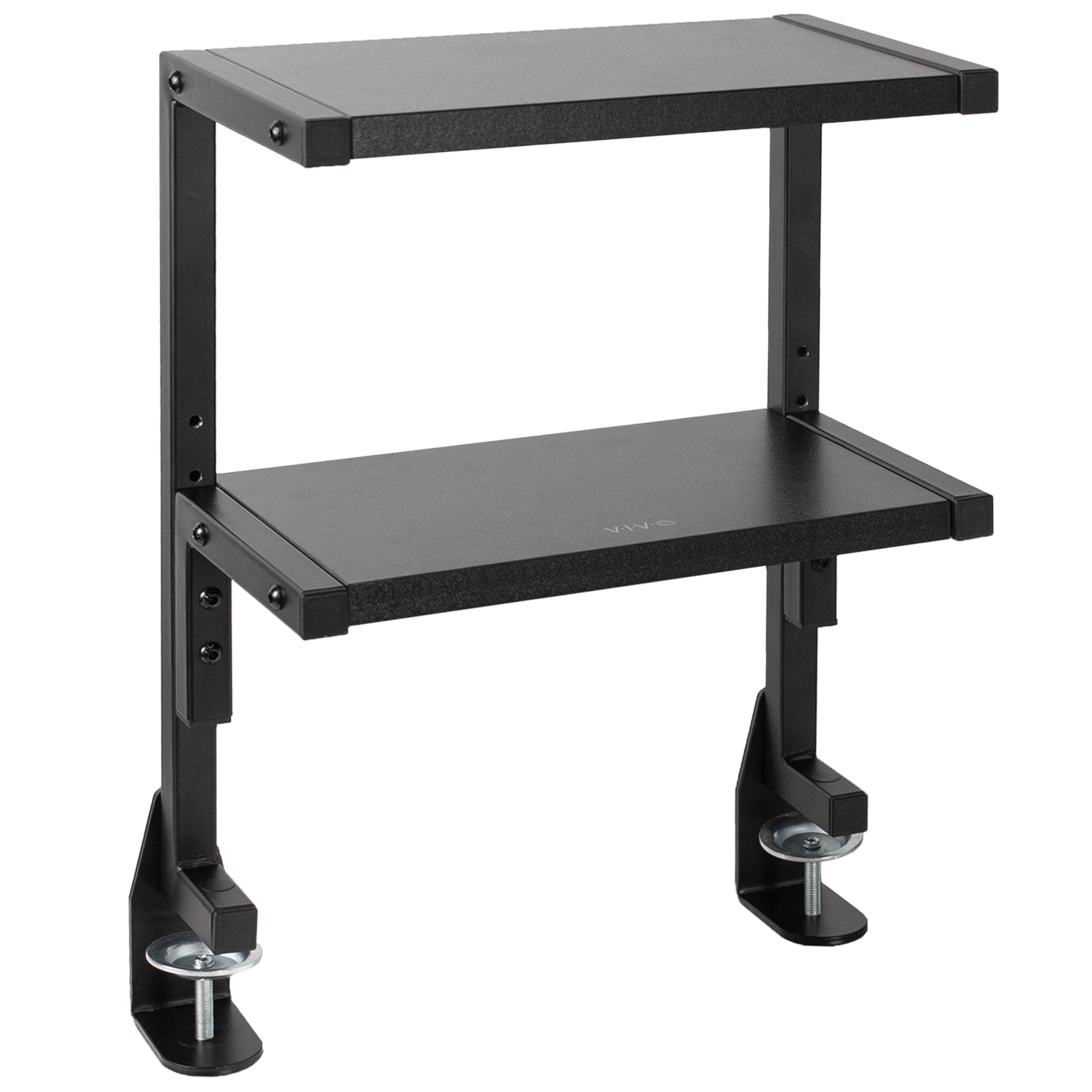 Sleek above desk or below desk clamp-on shelf with two shelves for convenient storage and organization. Lower shelf height adjusts and is removable.