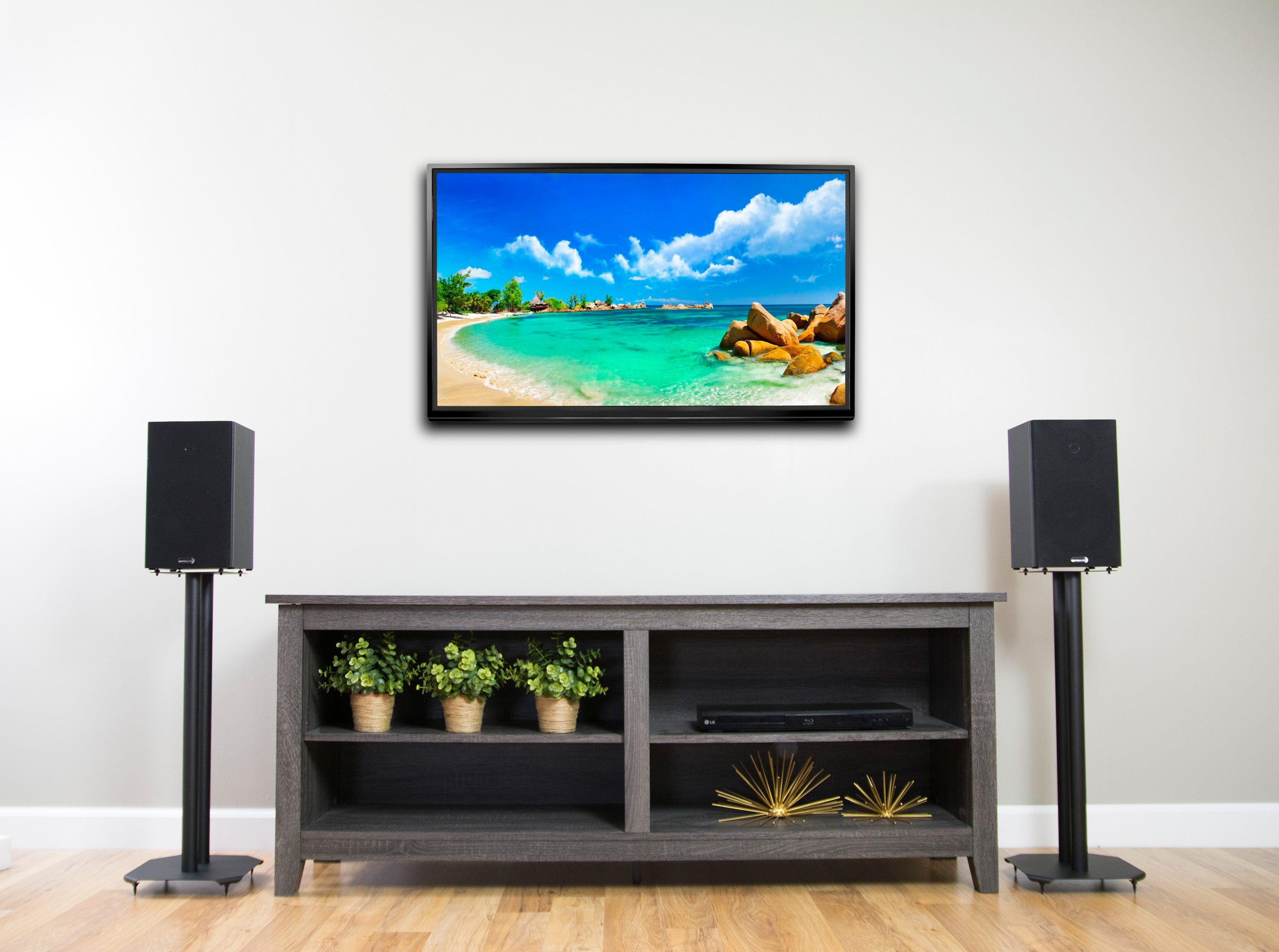 Black surround sound speaker stands.