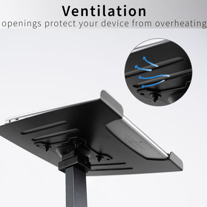 Treadmill laptop stand with height adjustment and tilt for ergonomic typing angles.