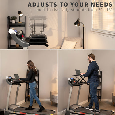 Height adjustable treadmill workstation tray that can adjust to the perfect working height.