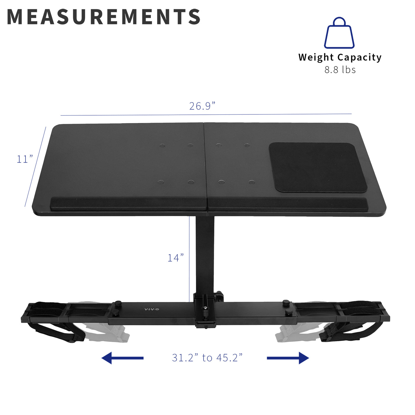 Weight capacity and dimensions of a height-adjustable treadmill laptop stand.