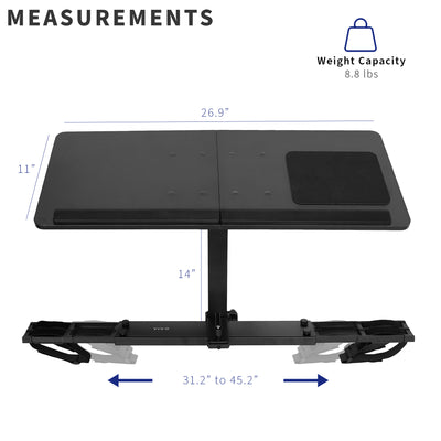Weight capacity and dimensions of a height-adjustable treadmill laptop stand.