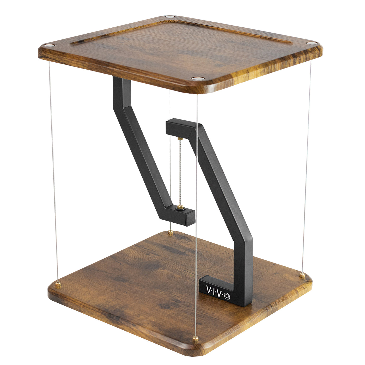 Rustic tensegrity anti-gravity floating speaker stand for improved sound and display.
