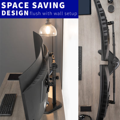Space saving design of this dual monitor mount allows for an aflush wall to be set up when the mount is placed along the back edge of the desk.