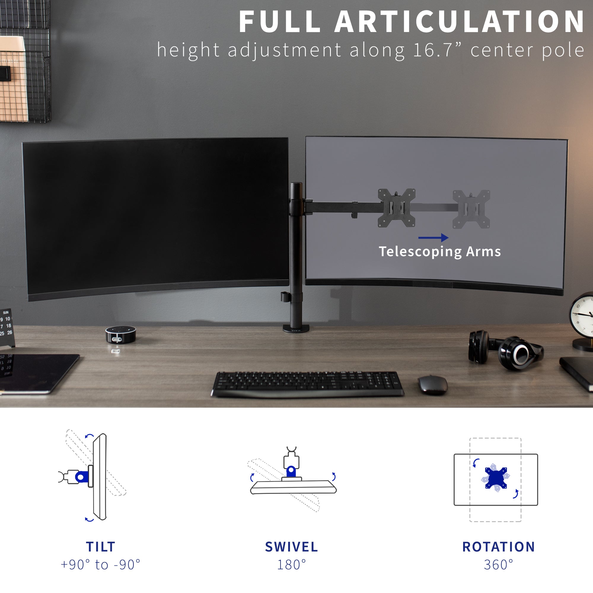 Sturdy articulating telescoping arms for dual computer monitors.