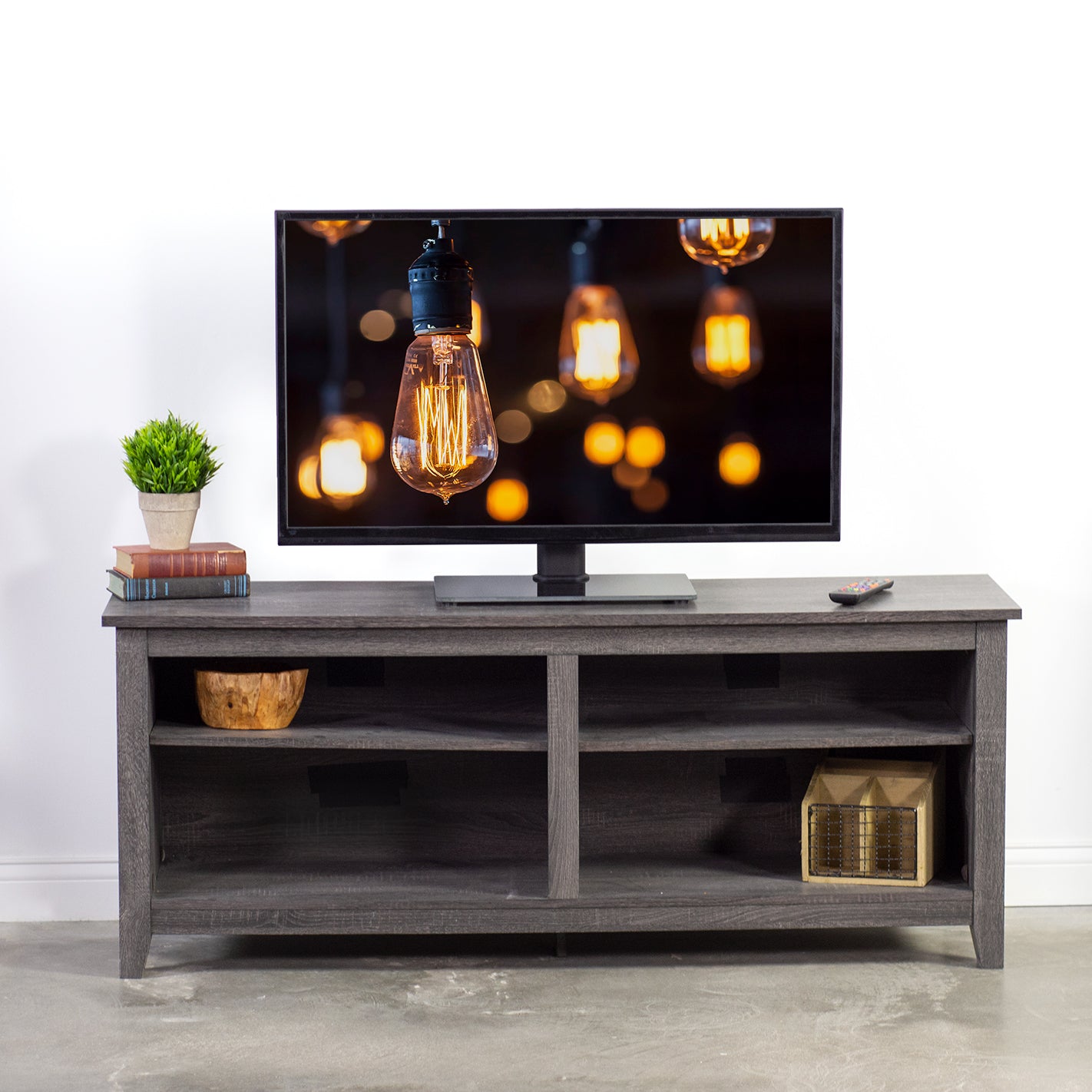 Heavy-duty tabletop TV stand.