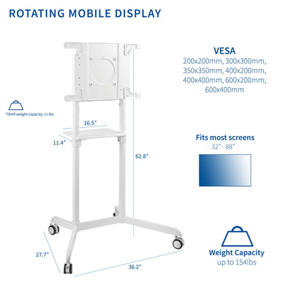 Rotating mobile TV display cart fitting most screens on the market.